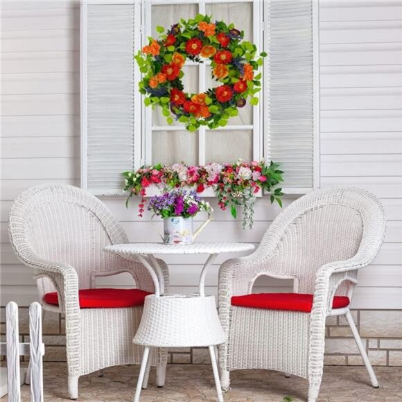 22 inch Artificial Spring Summer Wreaths for Front Door Poppy Wreath - Picture 4 of 8